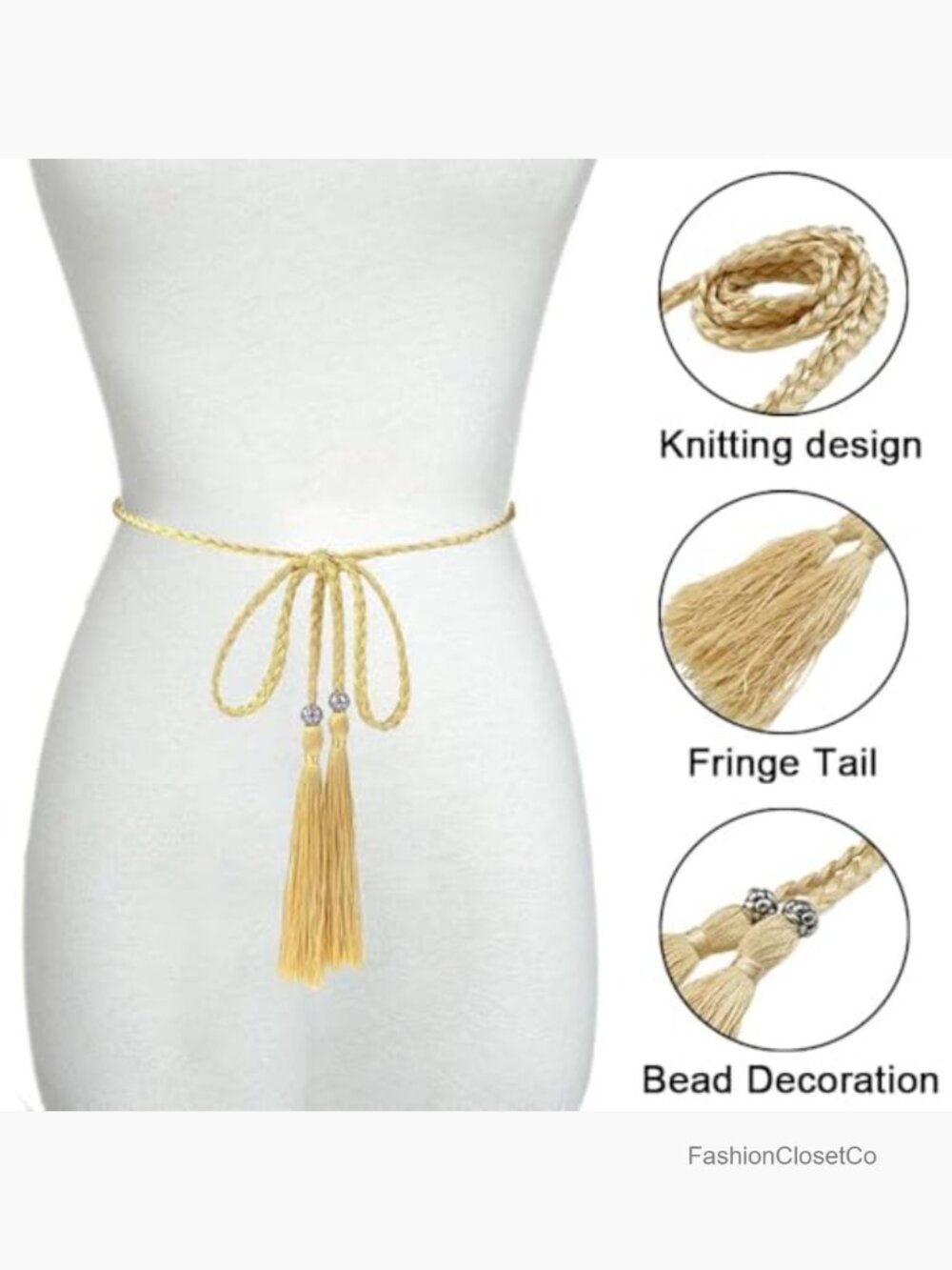 2pcs Tassel Braided Waist Belts, Skinny Tie Rope Belts for Dresses Skirts - Picture 3 of 7